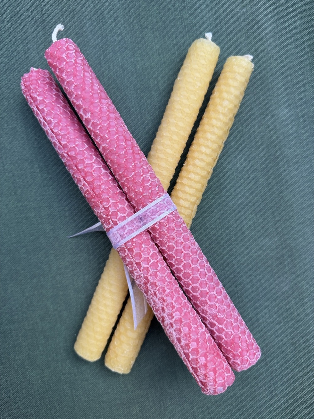 Hand-rolled pink and yellow honeycomb beeswax taper candles Set of 4 candles